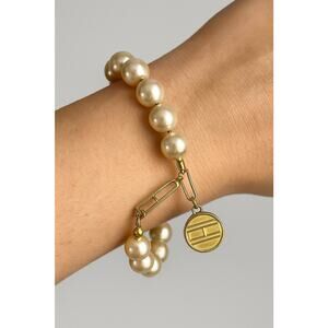 Tommy Hilfiger Large Faux pearl bracelet gold tone coin charm preppy minimalist
